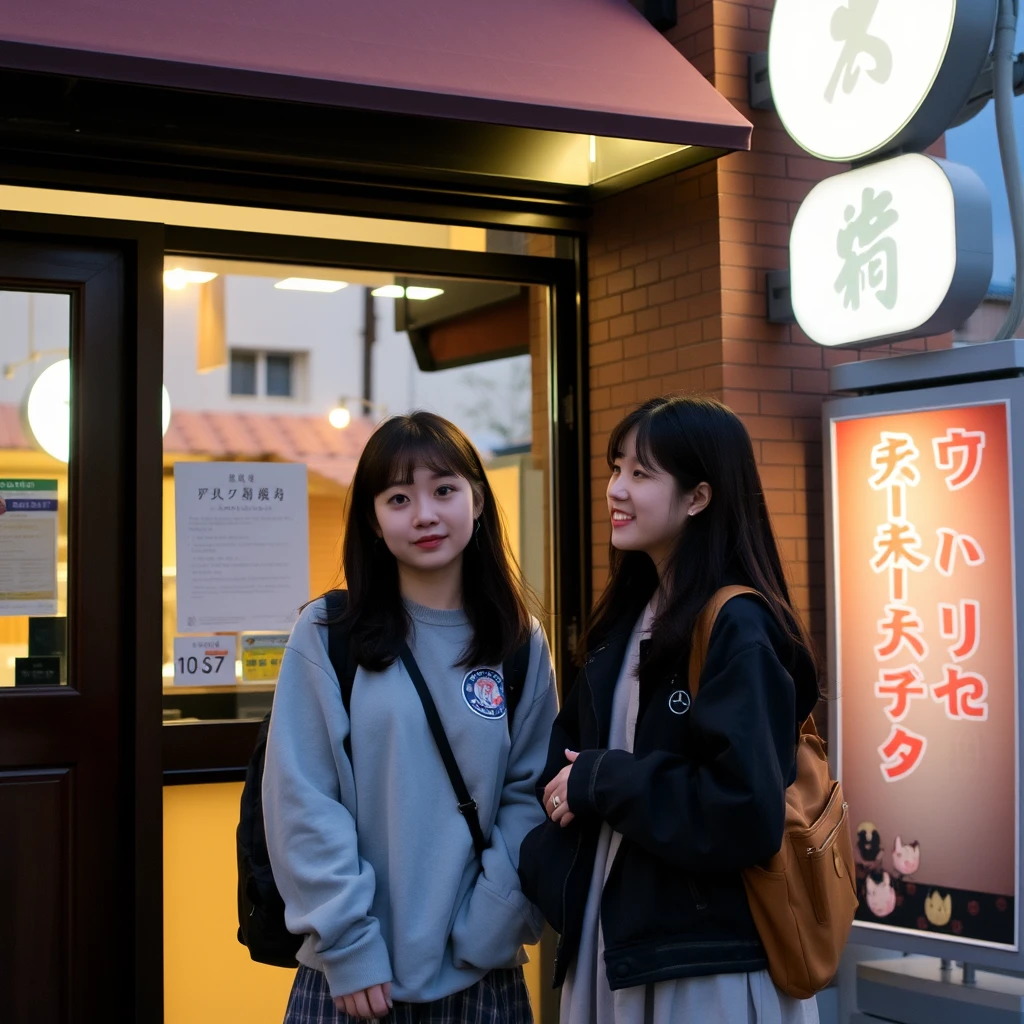 In the evening, two female students are chatting outside a restaurant, where there is a sign visible that has characters in Chinese or Japanese.