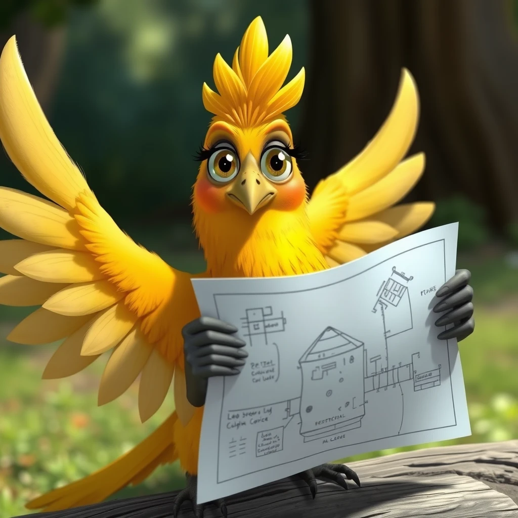 Bella the clever bird holds up a blueprint with her wings, her eyes sparkling with ingenuity as she explains her plan to Leo.