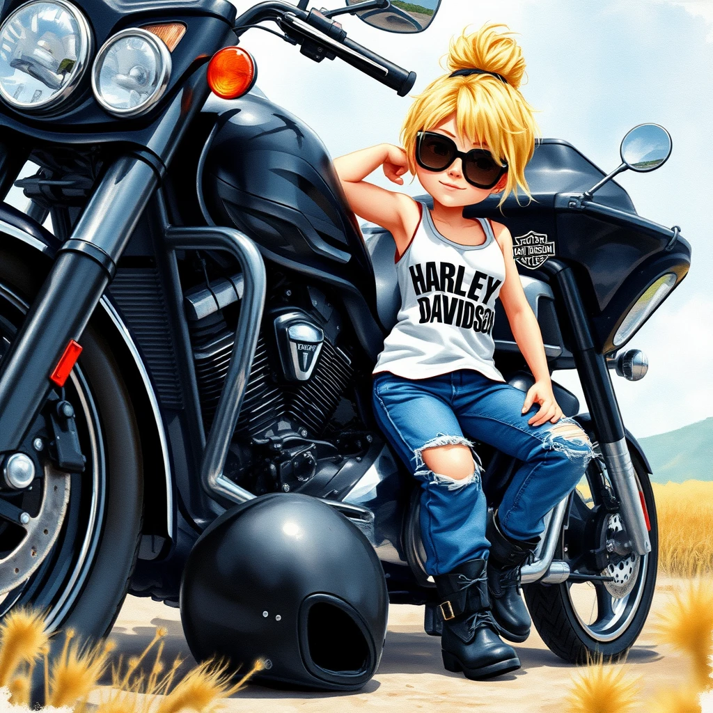 hyper detailed soft pastel watercolors alcohol ink of a whimsical little sweet blonde leaning up against her black motorcycle, wearing blue ripped jeans and a Harley Davidson white tank top , black riding boots , hair in a messy bun blonde in color, black sunglasses , has a little attitude and her black motorcycle helmet is on the ground beside her black motorcycle, soft scenery background, textured painterly on canvas, cute adorable animated movie image , 3D, HD - Image