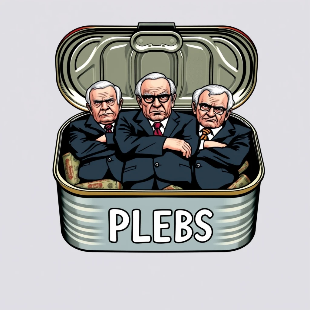 A playful tee shirt design of an open sardine can with the twist-off top, featuring 5 live wealthy old men standing upright and packed shoulder to shoulder in business suits with scowls on their faces and the text "PLEBS" underneath, as a tee shirt design. View from the front. - Image