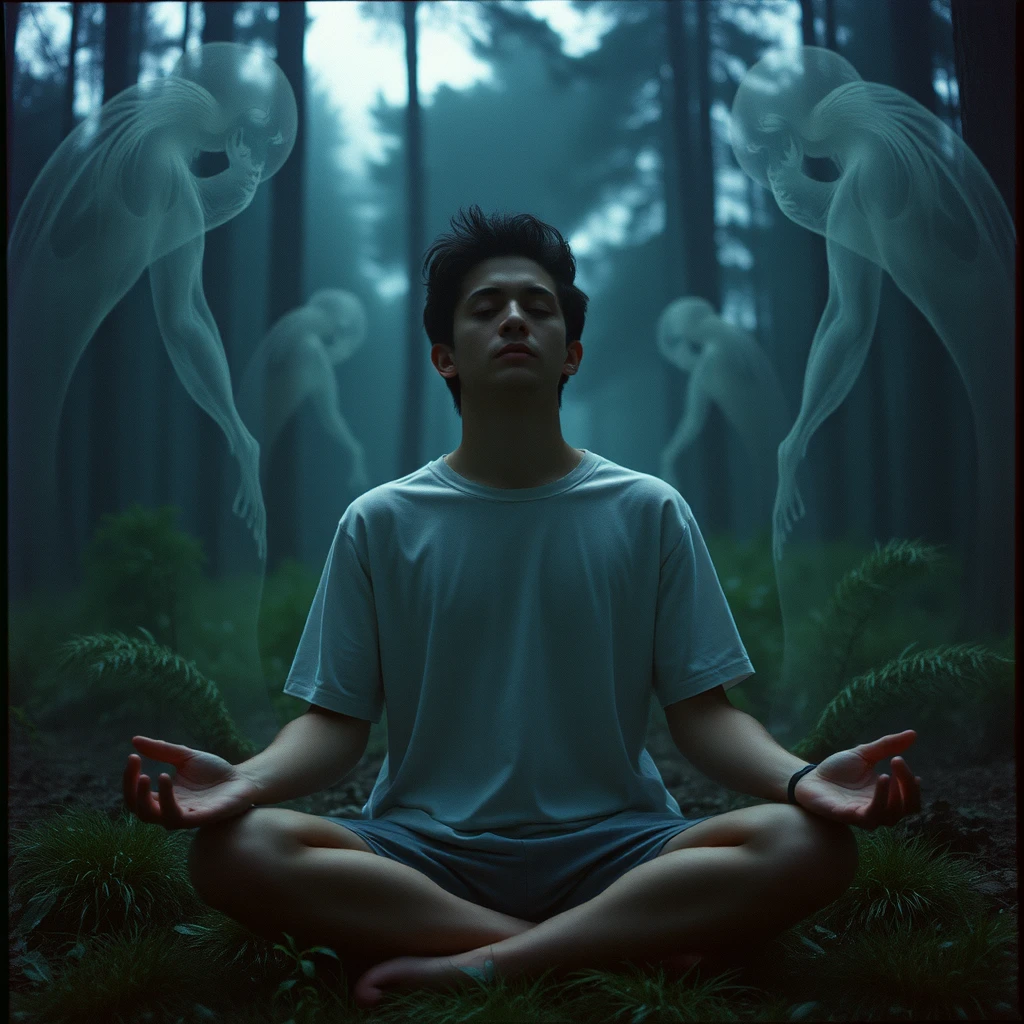 35mm film close-up portrait of a person meditating in a serene forest clearing, surrounded by ghostly apparitions of past struggles, hyper-detailed nature elements, dark and mysterious background. - Image