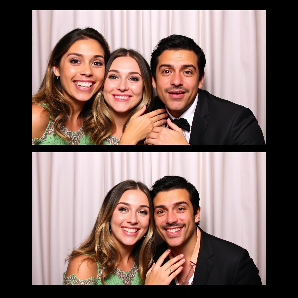 three pictures of an attractive couple making silly faces in the form of a strip from a photobooth