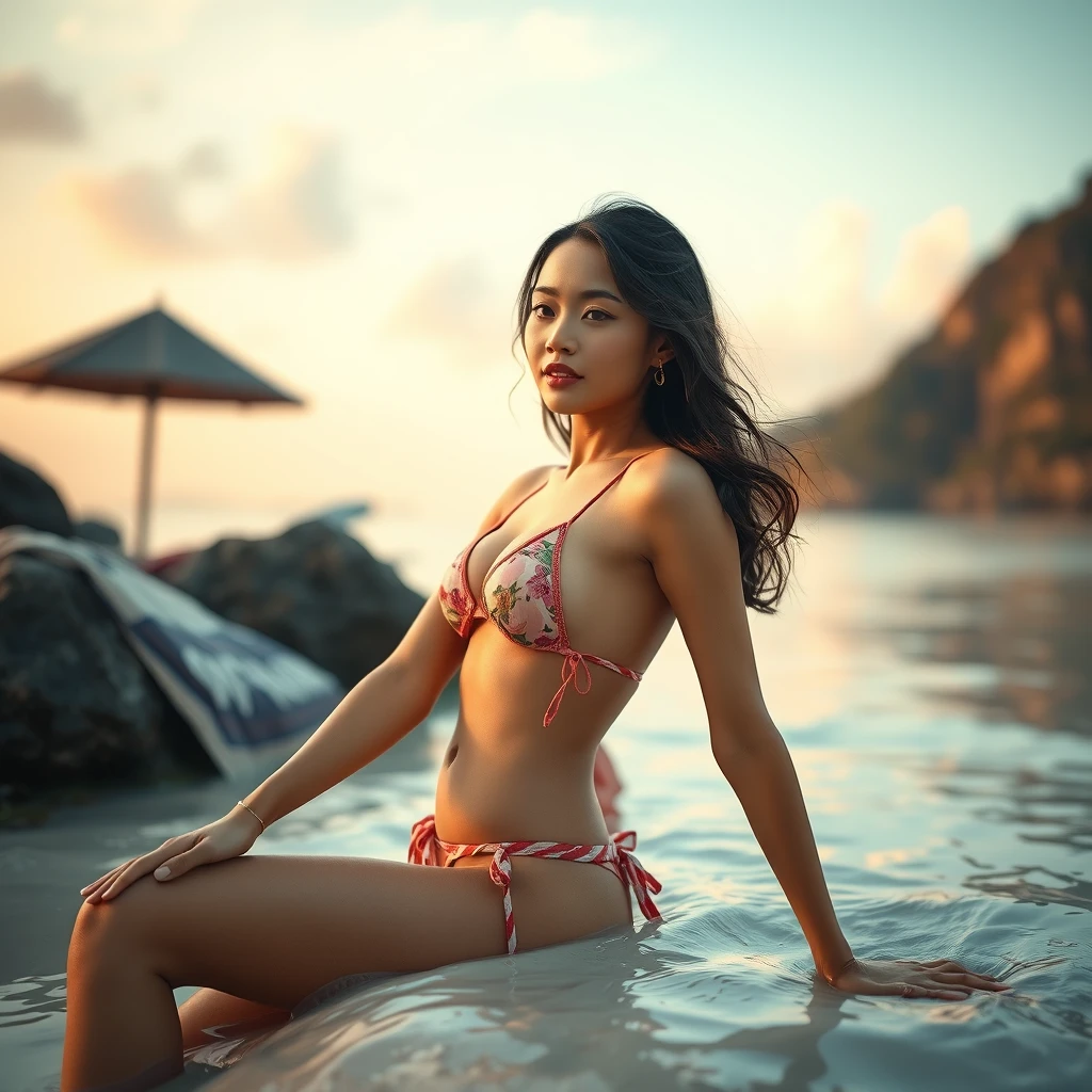 Immerse yourself in the captivating photo of a stunning petite Thai woman in a bikini, full body shot on an enchanting beach in Thailand. This cinematic photoshoot, meticulously crafted, showcases her beauty with precision. Shot on a 25mm lens, depth of field and tilt blur create a compelling narrative. With settings like 1/1000 shutter speed, F/22 aperture, and calibrated white balance, the breathtaking 32k resolution reveals remarkable details. Super-resolution preserves nuances, while Pro Photo RGB enriches colors. Lighting techniques, from half rear to backlighting, accentuate elegance. Volumetric, Conte-Jour, and global illumination add depth. Scattering, reflections, and artistic elements enhance realism. Technical advancements like anti-aliasing and ambient occlusion refine quality. Prepare for an extraordinary blend of photography and CGI, where intricacy meets grace. - Image