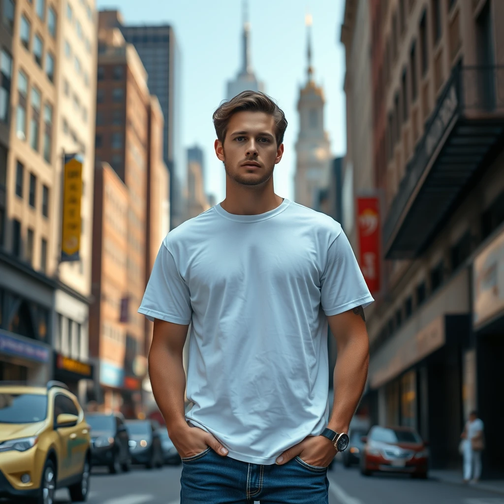 A male model, 30 years old, with brown hair, wearing a white t-shirt and blue jeans, in the middle of New York City. Make it photo-realistic.