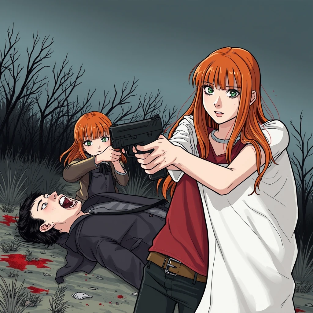 A death scene; a short, skinny teenage girl with long ginger hair with bangs, green eyes, and cute clothes shooting and killing a dead young, skinny, tall white man with black hair. - Image