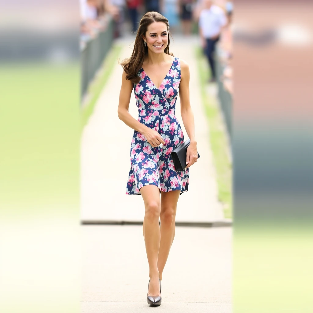 Kate Middleton in a sundress, showing off her legs, wearing high heels.