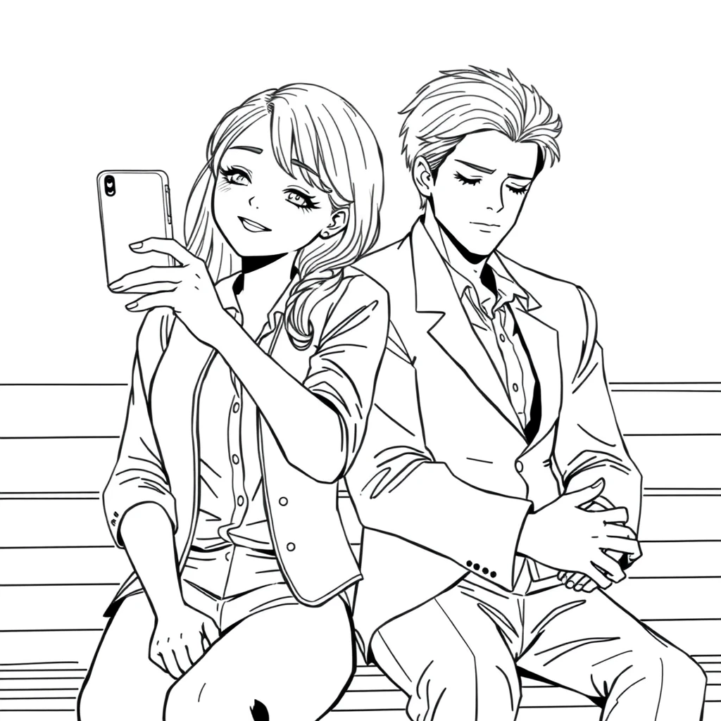 A girl in a shirt and vest took a selfie with her phone, a boy leaned on her shoulder. The boy is tall and handsome, wearing an open suit. He closed his eyes and is sleeping, and they sat on a bench with their hands clasped. Line art.