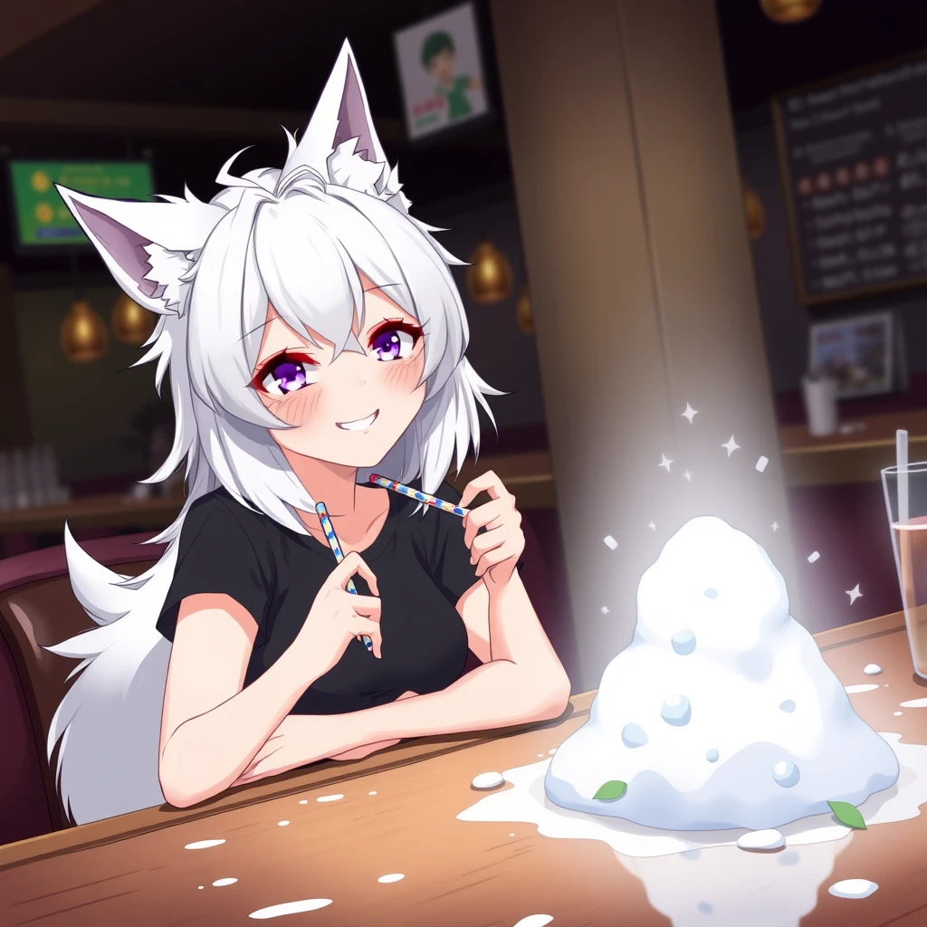 Anime woman with fluffy wolf ears and a fluffy tail, white messy medium hair, purple eyes, wearing a black t-shirt, sitting at the table in a bar. On the table is one tiny mountain of snow. The girl looks with a big crazy smile at the snow and has a straw in her right hand. - Image