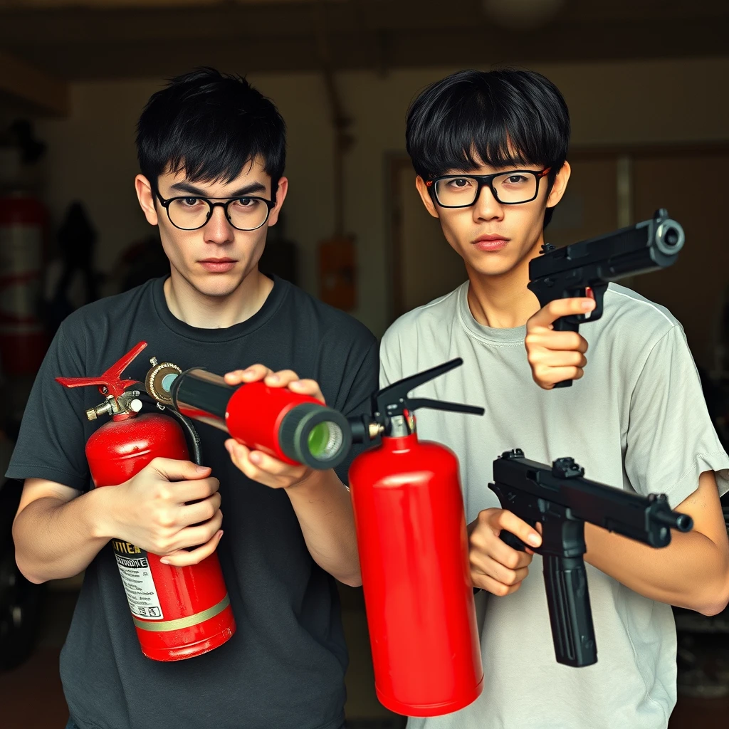 21-year-old very pale Italian man wearing round glasses and short black hair, holding a very large fire extinguisher flamethrower, and a 21-year-old white northern Chinese man with a thin long face wearing square glasses, mid/long fringe black hair, holding a Glock, both angry; with murderous intent, in a garage setting.