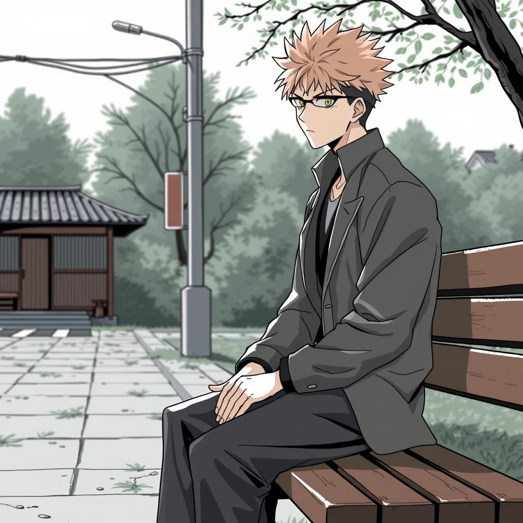 "Make Yuji Itadori from Jujutsu Kaisen while he is sitting on a bench. Do it in a manga version." - Image