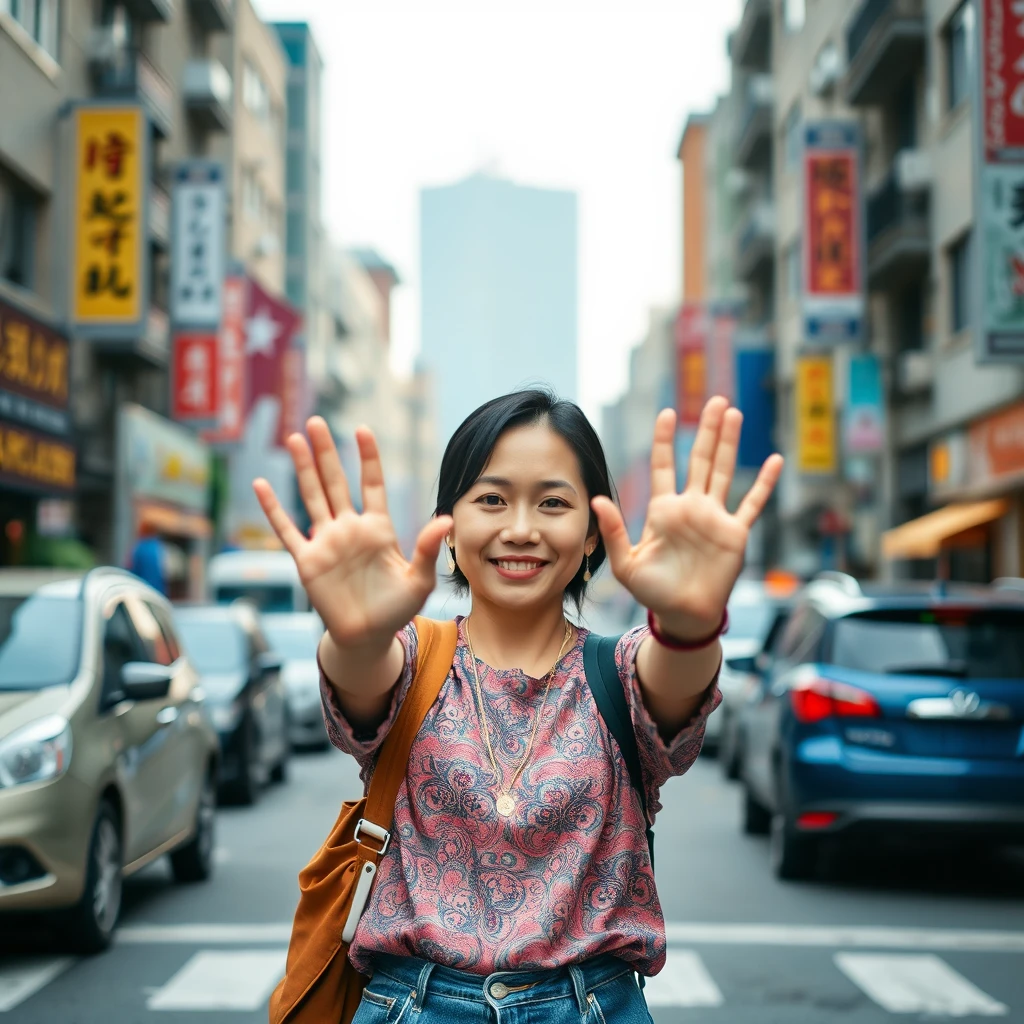 Asian woman holding hands out in middle of the street