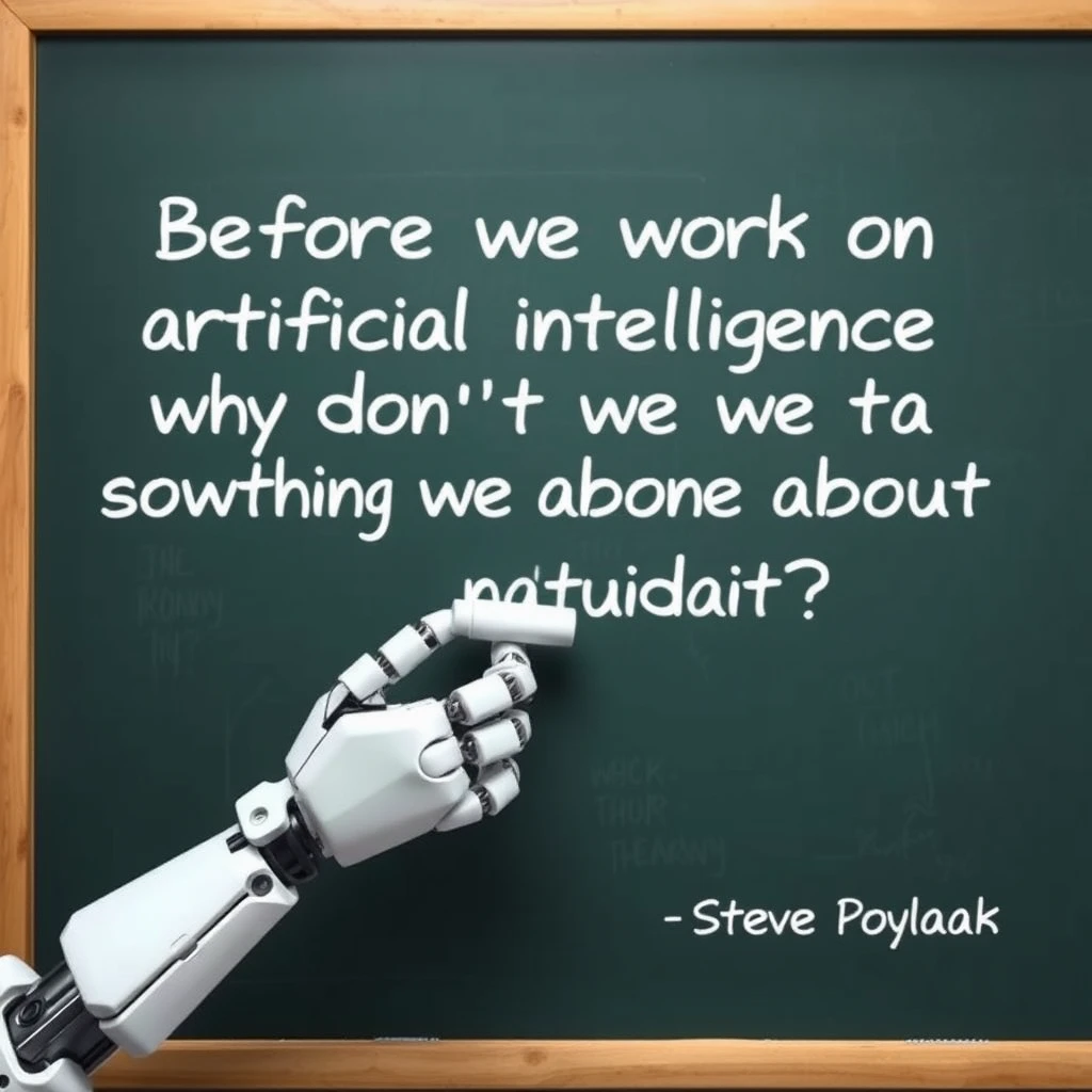 A robotic hand holding a piece of chalk writing with that piece of chalk on a chalkboard with writing on it that says “Before we work on artificial intelligence why don’t we do something about natural stupidity?”

—Steve Polyak , on a classroom style chalkboard - Image