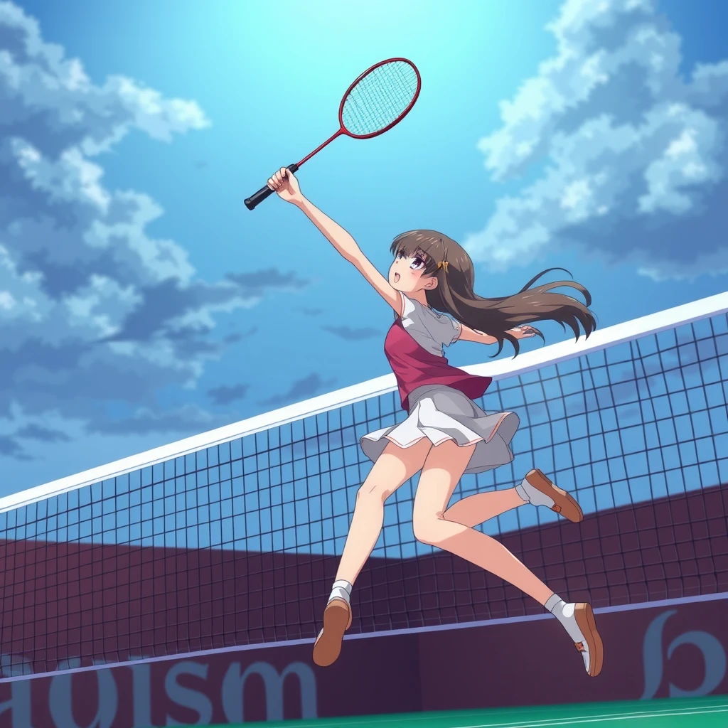 A girl jumps up to smash with a badminton racket in front of the net, in an anime style.