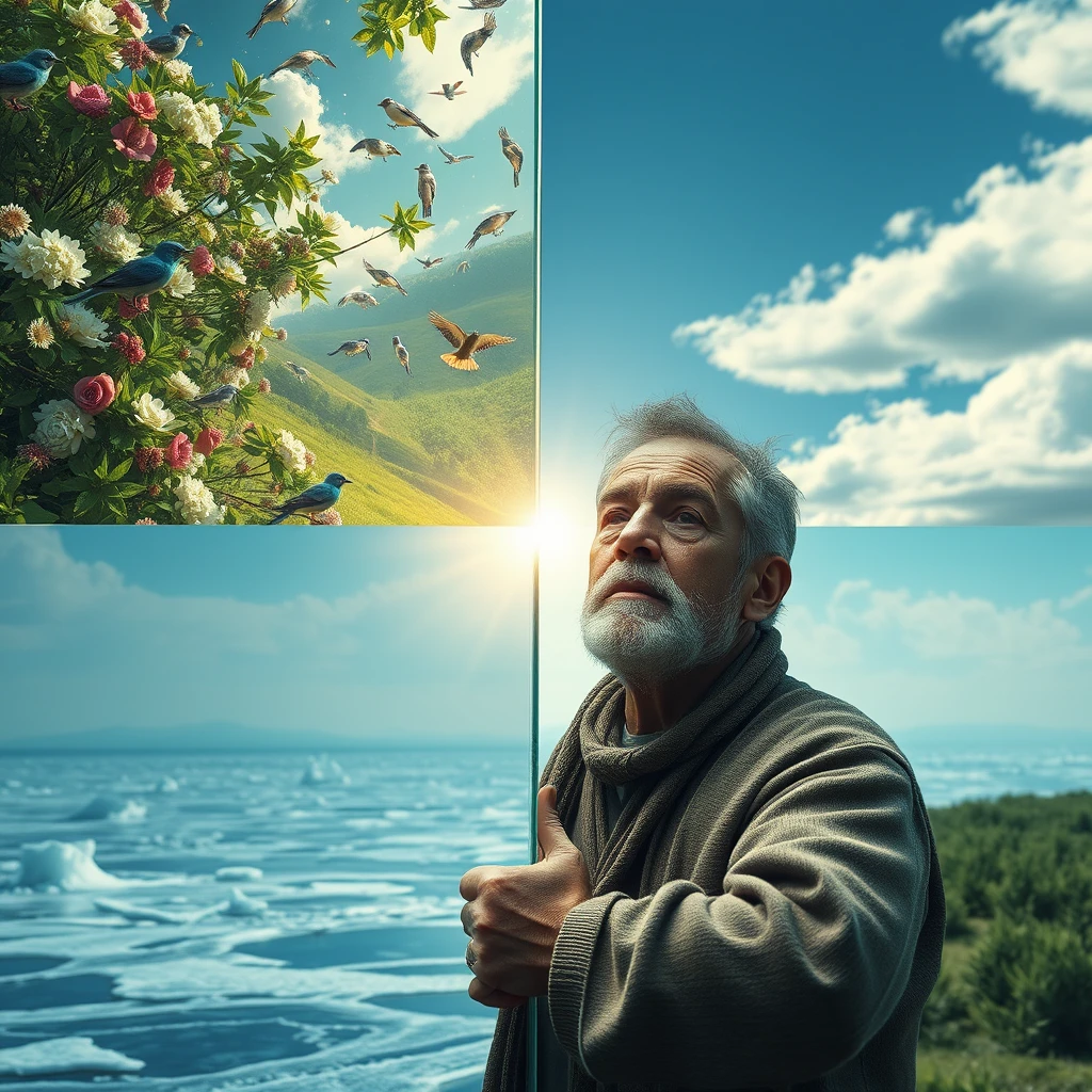 A massive transparent glass divides the image into two halves. The upper half of the image depicts a world filled with the sounds of birds, fragrant flowers, lush green grass, and bright sunshine. The lower half of the image shows a dim, icy wasteland, with a middle-aged man dressed in thin clothing, looking haggard and weary, his eyes deep with emotion, weakly pounding against the glass as he gazes at the sun in the upper half of the image. The image should be as grand as possible, reflecting the man’s pursuit of light, yet conveying a sense of hopeless despair.