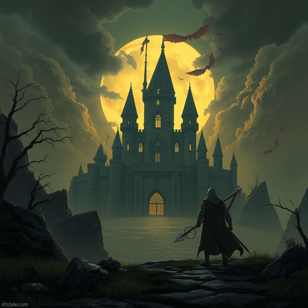 Dark fantasy animation. A warrior approaches a castle of earth.