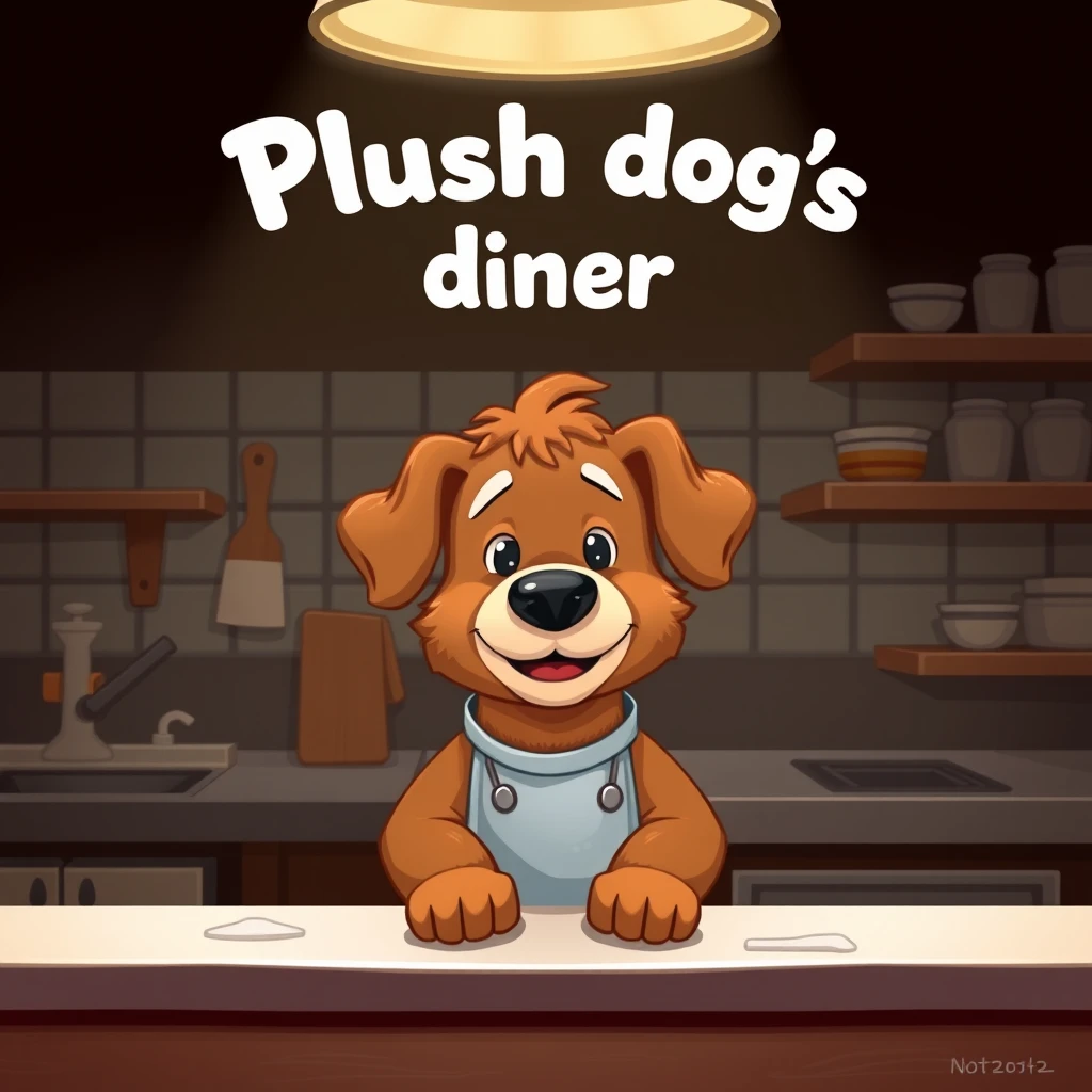 A title screen for a cartoony but photo-realistic game about a cute dog chef who works in a kitchen. The dog should be all brown and made of fuzzy fur. The text above the dog should say "Plush dog's diner". The title screen should be quite dark. The dog should not have any white in his face, only brown. - Image