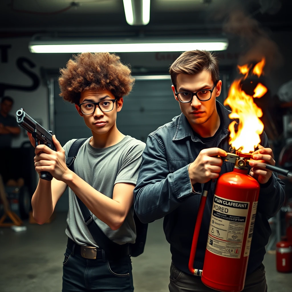 21-year-old thin white man with a long face from northern China, having a square chin and wearing square glasses, holding a pistol and sporting an afro; 21-year-old white Italian man with short hair and round glasses, holding a very large fire extinguisher that looks like a flamethrower; situated in a garage; both are angry.