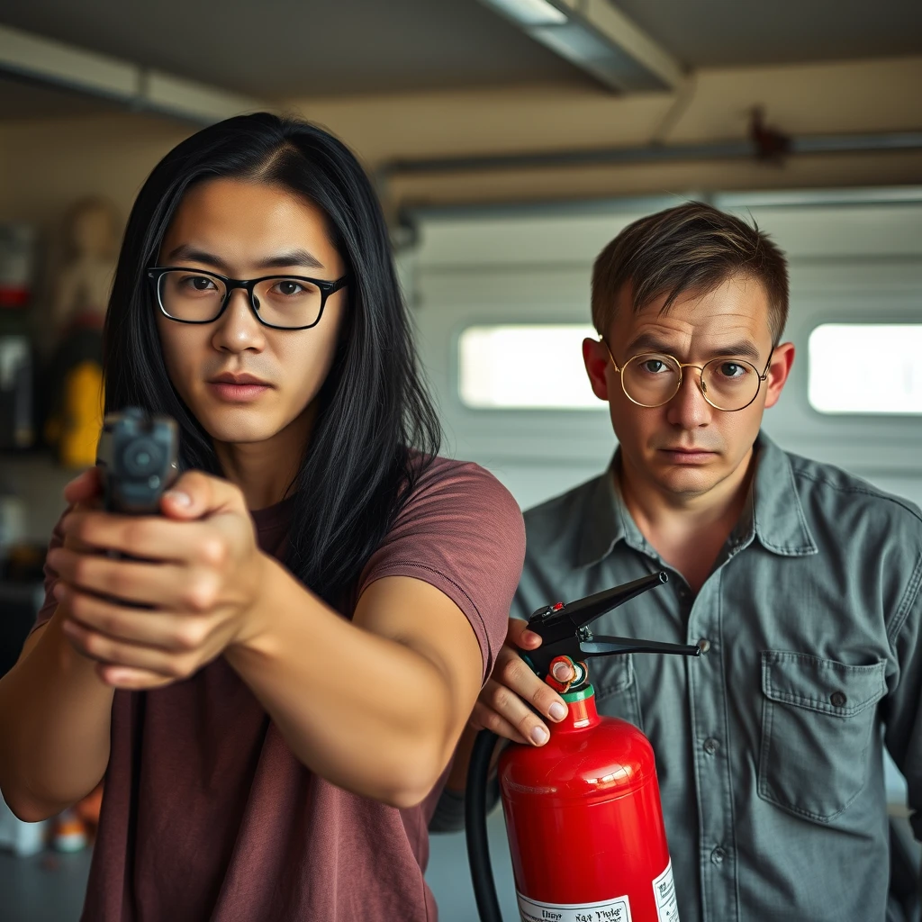 21-year-old pale Chinese man with square glasses, long black hair, holding a pistol; 20-year-old white Italian man with round prescription glasses and short hair holding a very large fire extinguisher, garage setting, both angry.