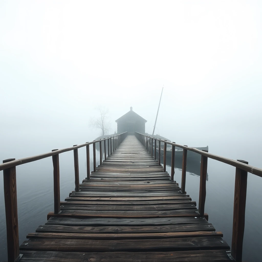 A wooden bridge that leads to a small island in the river. On the island stands an old house in Slavic style, a couple of trees next to it, a half-submerged boat near the bridge. Fog rises around, a white haze surrounding, like a veil separating from another world, styled by Lovecraft, meticulous, intricate, entangled, intricately detailed.