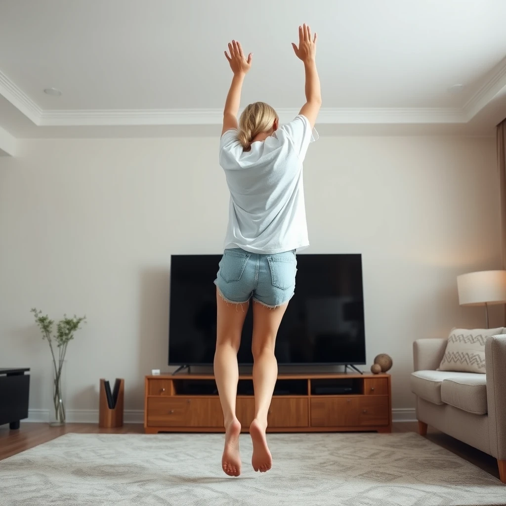 Side view angle of a slender blonde woman in her large living room, wearing an extremely oversized white t-shirt that is uneven on one of the sleeves, along with oversized light blue denim shorts. She is barefoot and facing her TV, diving headfirst into it with both arms raised above her head and her legs elevated high in the air. She is at a 60-degree angle and is already halfway through the TV screen. - Image