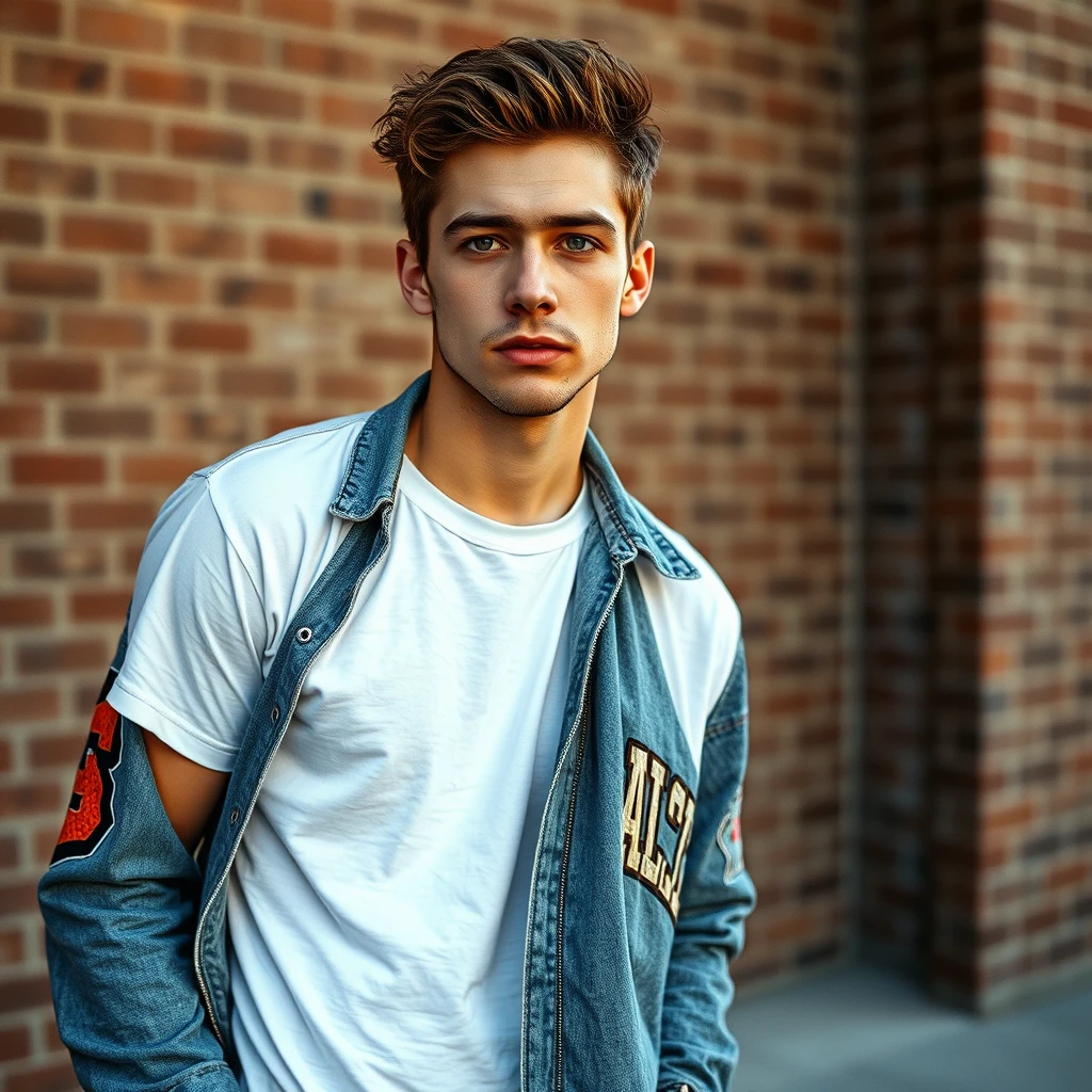 Freddie Prinze head and body shot, handsome, young, serious face, white t-shirt, collage jacket, jeans, sneakers, hyper realistic, street photography, brick wall, full body photography, sunrise.