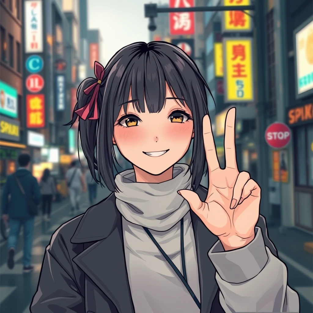 Japanese girl, holding up peace hand, smiling, cyberpunk city background