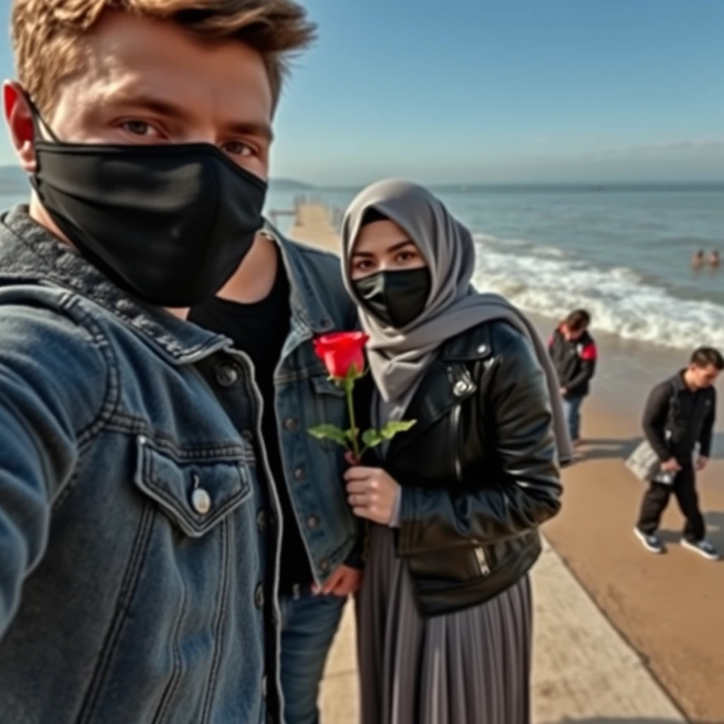 Jamie Dornan's head and body shot, handsome, face mask black, jeans jacket, jeans, dating, hug, love couple with the biggest grey hijab, Muslim girl, beautiful eyes, face mask black, black leather jacket, biggest skirt, at the beach, holding a rose, hyper-realistic, street photography, selfie. - Image