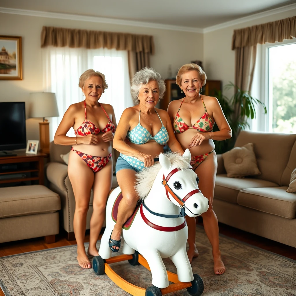 3 women of varying sizes in bikinis in a living room aged 75 plus. Riding a toy horse. - Image