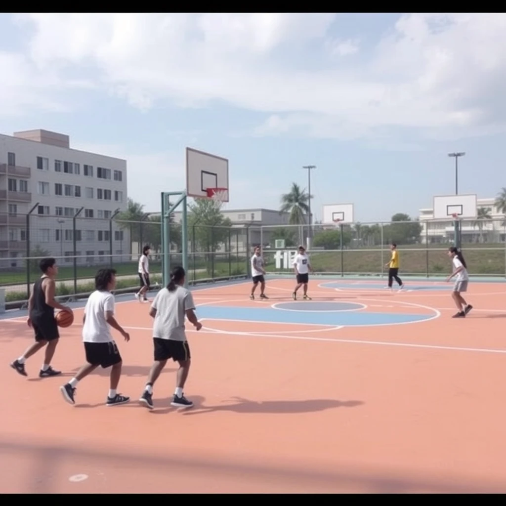 During the day, on the basketball court, some people are playing basketball, with Chinese characters or Japanese.