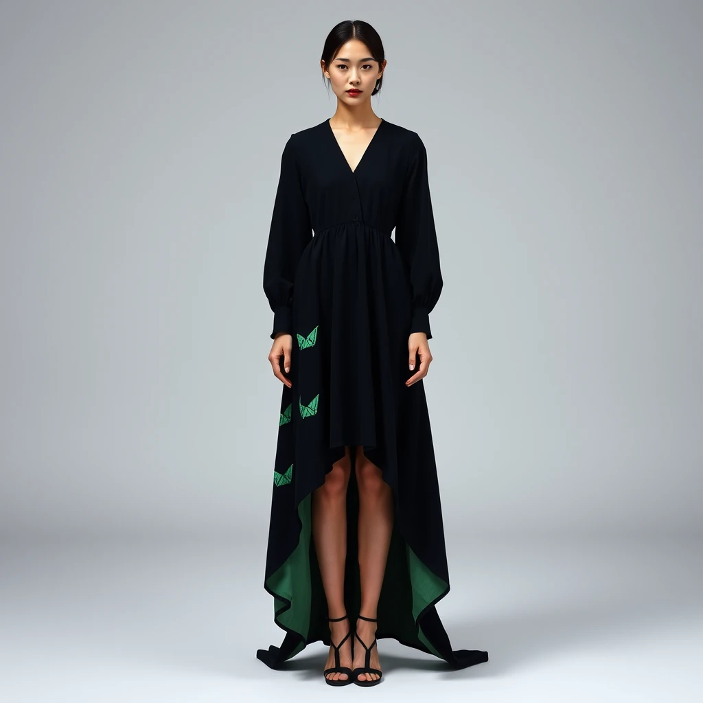 A Japanese model in a black and green, cotton, V-neck, high-low dress, low in the front with a train, long sleeves, and an origami pattern, shot in the studio, high fashion photography, in a photograph by Alasdair McLellan.