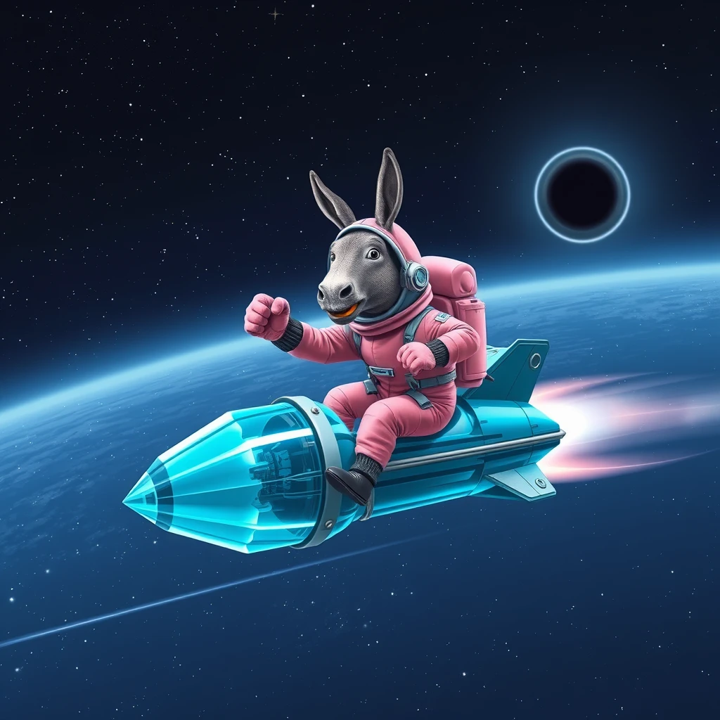 An ambitious donkey wearing pink astronaut costume, riding on a crystal stunning cyan spaceship, making a punching gesture, flying to the outerspace under a clear night sky with lots of shining stars, passing by a huge black-hole. Realistic style. - Image