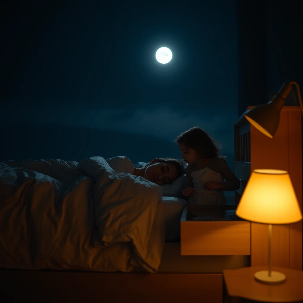 Side view of the bed where a woman is sleeping while her daughter standing nearby is opening a drawer, dark night, moonlight, atmosphere.