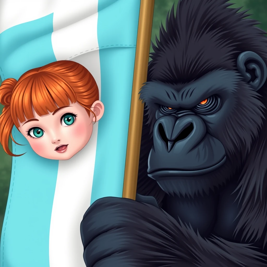 A fierce gorilla holding a three-striped flag in light blue, white, and light blue colors, next to a cute ginger-haired teenage girl with green eyes and bangs.