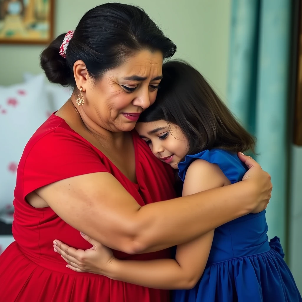 Crying woman in red dress hugging daughter in blue dress