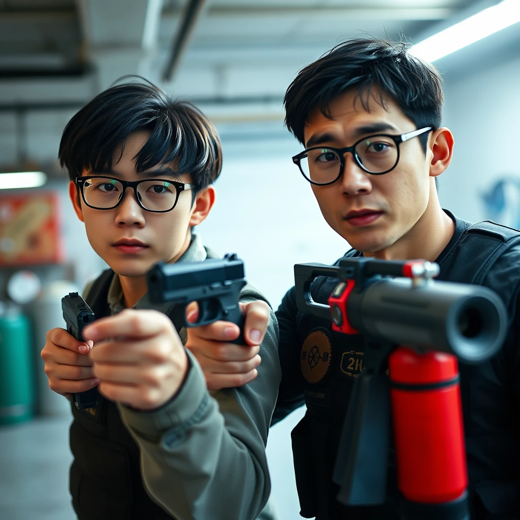 21-year-old white thin long-faced young adult northern Chinese man with a square chin, wearing square glasses, holding a pistol, "medium/long length hair"; 21-year-old Caucasian Italian man wearing round glasses and short hair holding a very large fire extinguisher flamethrower; garage setting; both angry, tactical bulletproof vests. - Image