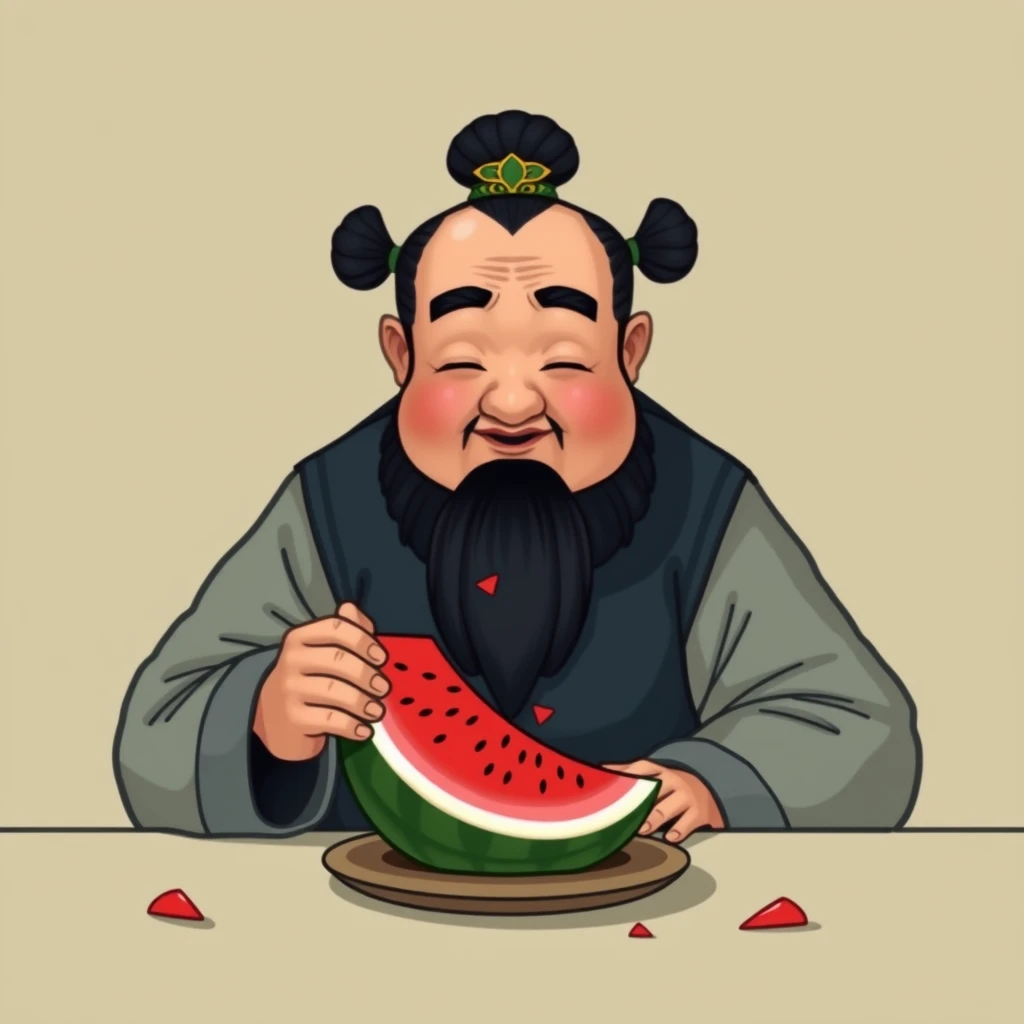 "Generate a picture of Zhu Bajie eating a watermelon."