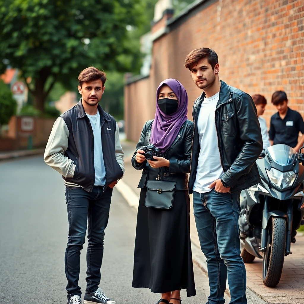 Jamie Dornan and Freddie Prinze, head and body shot, handsome, young, serious face, dark brown hair, white T-shirt, collage jacket, skinny jeans, sneakers, standing, discussing with two guys and a Muslim girl in a short purple hijab, beautiful eyes, black face mask, black leather jacket, longest black leather skirt, holding a Canon DSLR camera, near a town road, superbike, hyper-realistic, street photography, brick wall, full body photo, three other random friends in the back. - Image