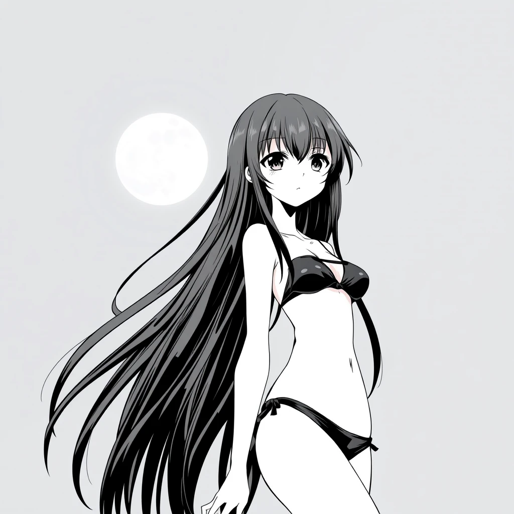 Girl with long, black hair in a black bikini. In the background, a black sky with a big, bright moon. Manga, grayscale.