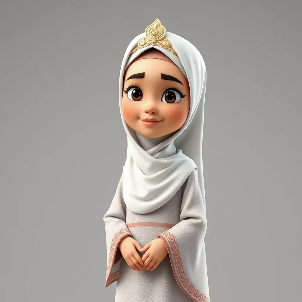 "Create a 3D animated cartoon of a Muslim woman from Palembang wearing a long white gamis. The character should be highly detailed with 8K resolution. Focus on traditional Palembang features and cultural elements." - Image