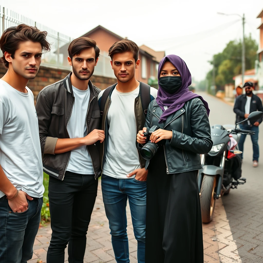 Jamie Dornan and Freddie Prinze, head and body shot, handsome, young, serious face, dark brown hair, white t-shirt, college jacket, skinny jeans, sneakers, standing, discussing with two guys and a Muslim girl wearing a short purple hijab, beautiful eyes, black face mask, black leather jacket, longest black leather skirt, holding a canon DSLR camera, near a town road, superbike, hyper-realistic, street photography, brick wall, full body photo, with three other random friends in the background. - Image