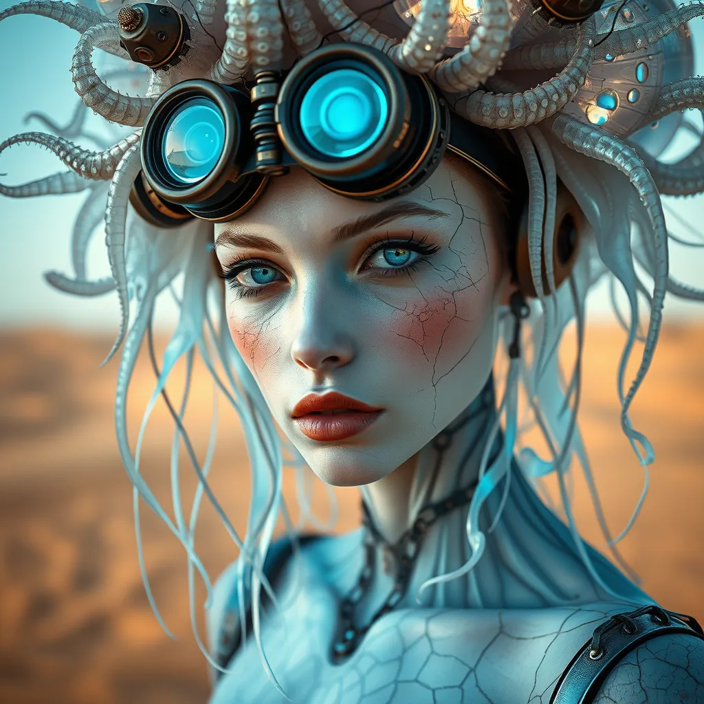 An ethereal cyborg woman adorned with a bioluminescent jellyfish headdress. Steampunk goggles seamlessly integrate with translucent tentacles. Cracked porcelain skin meets iridescent scales. Mechanical implants intertwine with delicate tendrils. Human features glow with an otherworldly luminescence. Dreamy aquatic hues contrast with weathered metal. Reflective eyes capture unseen worlds. Soft bioluminescence meets the harsh backdrop of a desert. A fusion of organic and synthetic, ancient and futuristic elements. Hyper-detailed textures create a surreal atmosphere. - Image