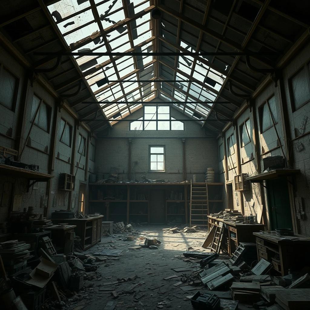 Apocalyptic Scene, Abandoned Building, Interior, Broken Roof, Concept Design, Game Design, 16:9, Excellent Composition, Complex Items, Cluttered Items, Lots of Items, Bottom View.