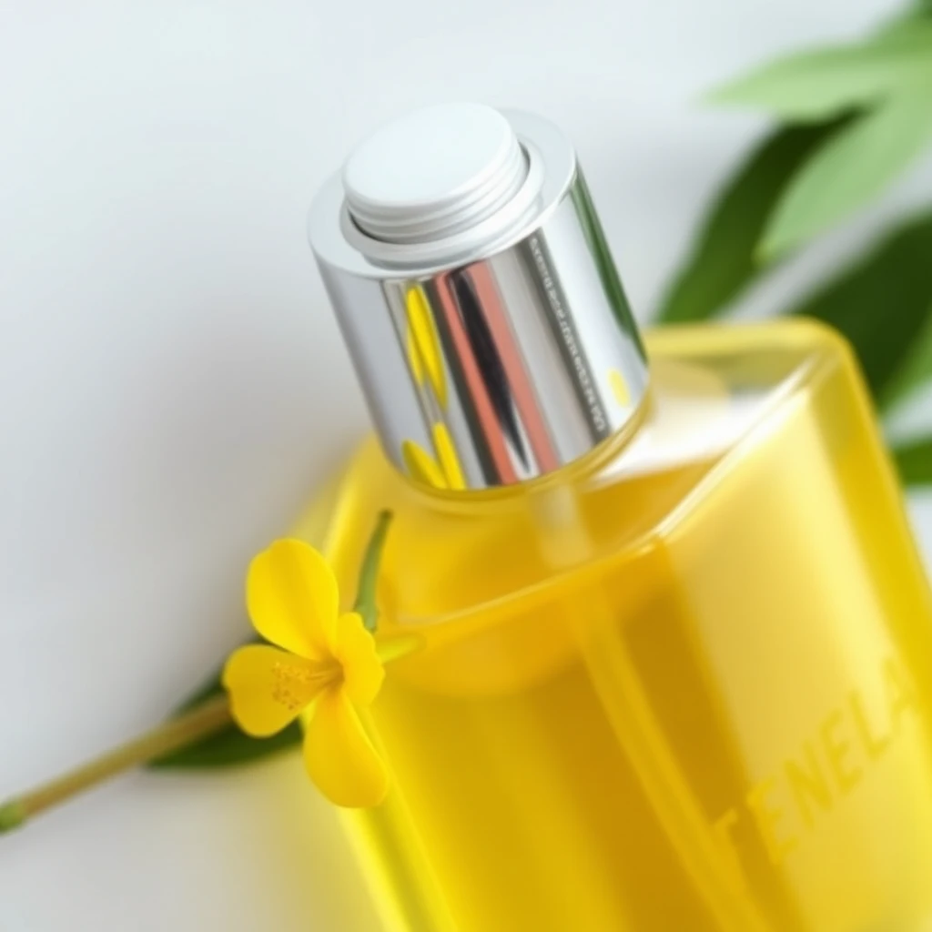 Transparent cosmetics, silver metal cap, the bottle contains yellow liquid, with a single yellow flower and green leaves accentuating the bottle behind, simple style.