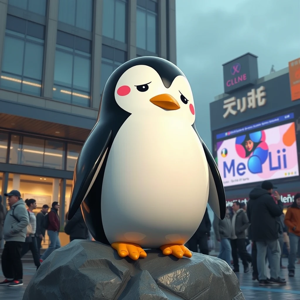 kawaii pengu, in the style of neo-geo, large-scale sculpture, realistic yet stylized, louis, gestural markings, cinestill 50d, animation