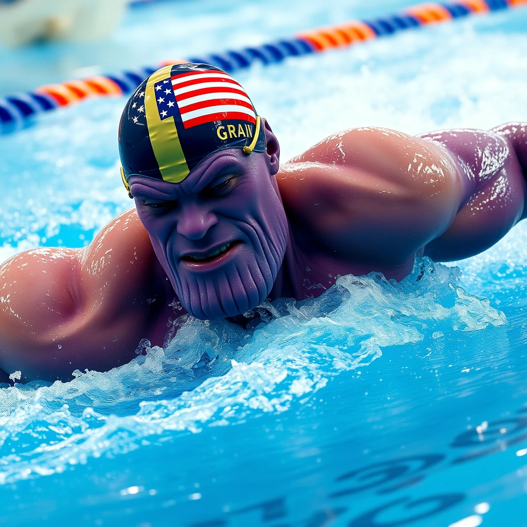 "A Thanos with a purple head is swimming in a competition, wearing a swimming cap with the American flag, in a realistic style, in a swimming motion, panoramic photo."