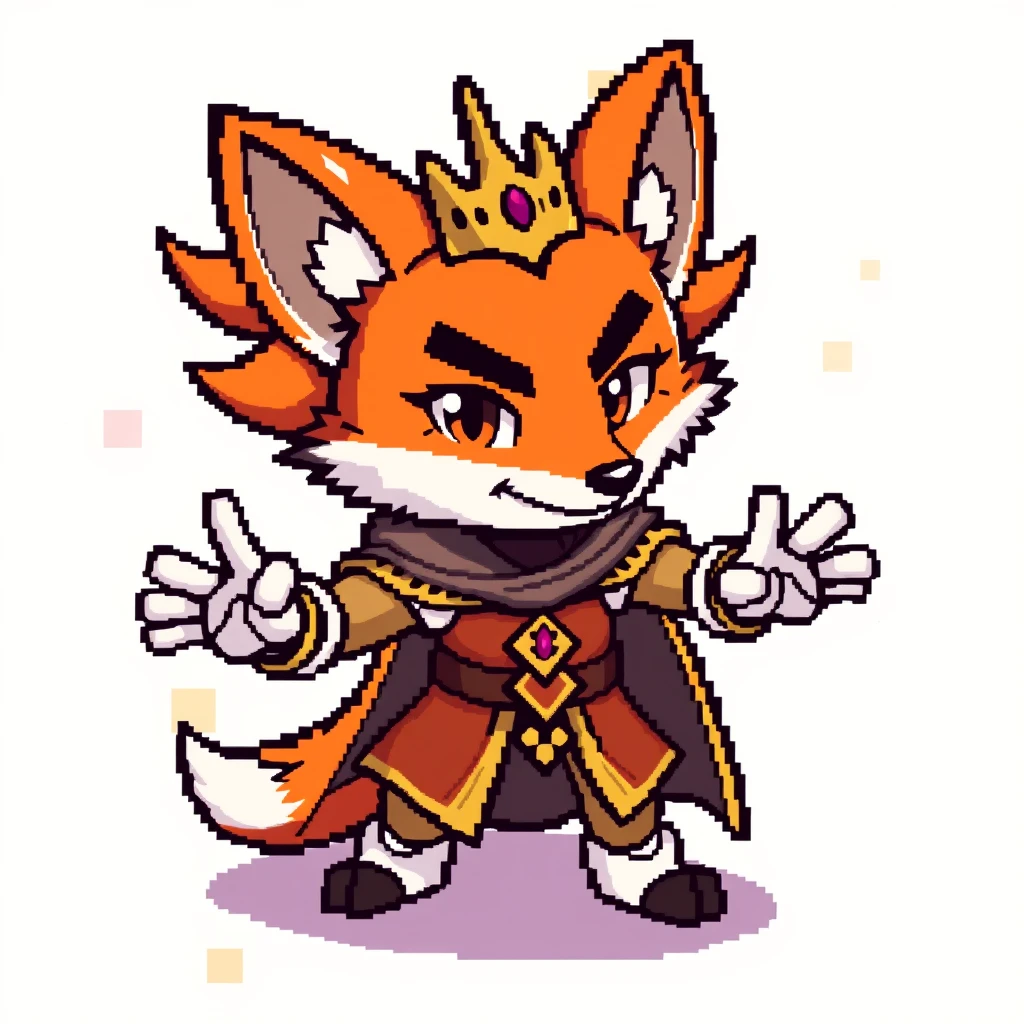 Pixelated illustration blending heavily with fat-pixel art style, a tiny big-fox-head King strikes dynamic poses, crafted in a bold pixel style, fat-pixelated outline. GBA game character with big sized simple hands, medium top-down with left facing view, sketched in an 18-bit color palette using soft pastel colors, featuring pixelated edges, simplistic yet detailed features, bold pixelated shading, and a vibrant, playful background of abstract pixelated shapes. - Image