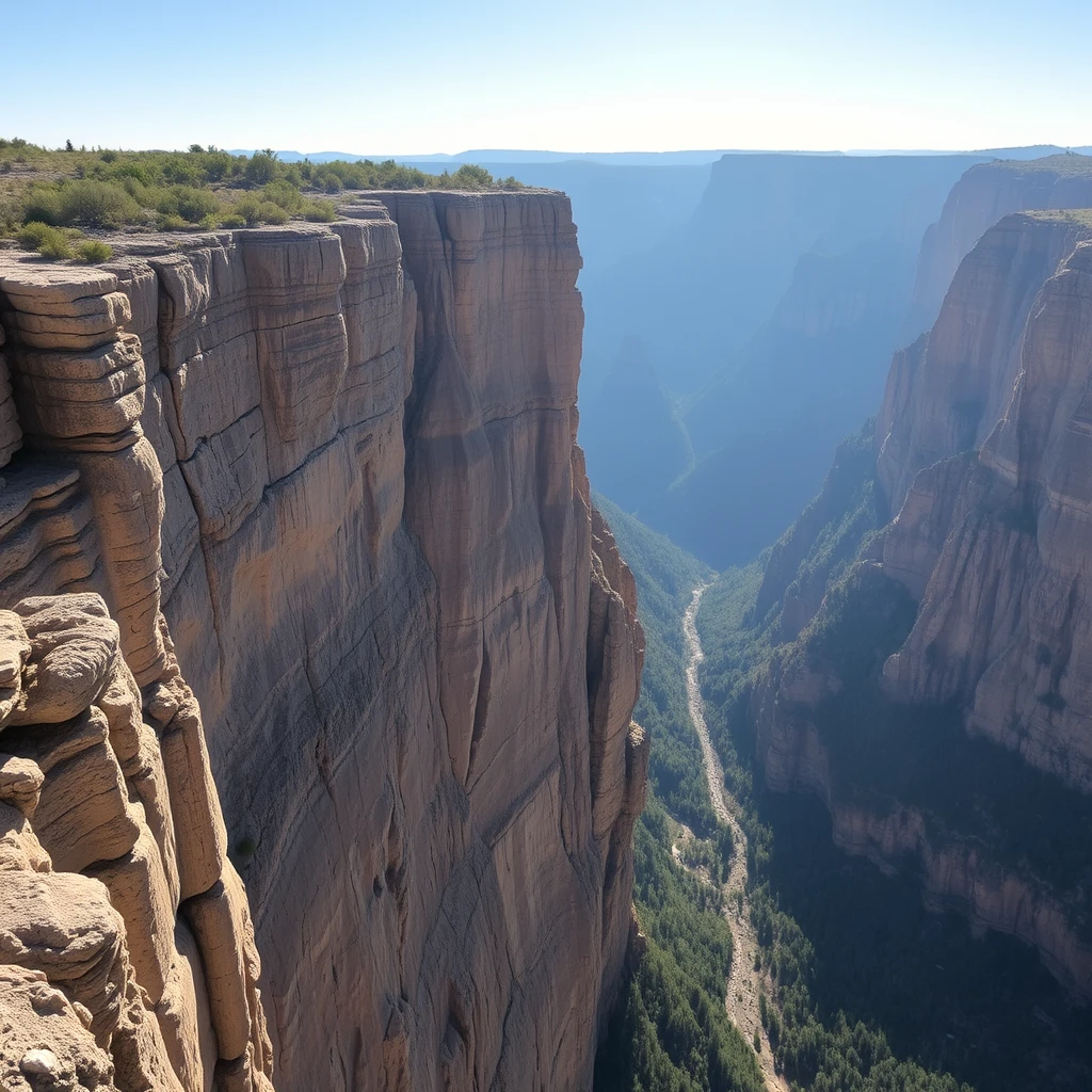 A view from the top of a vertical cliff in the sunshine.