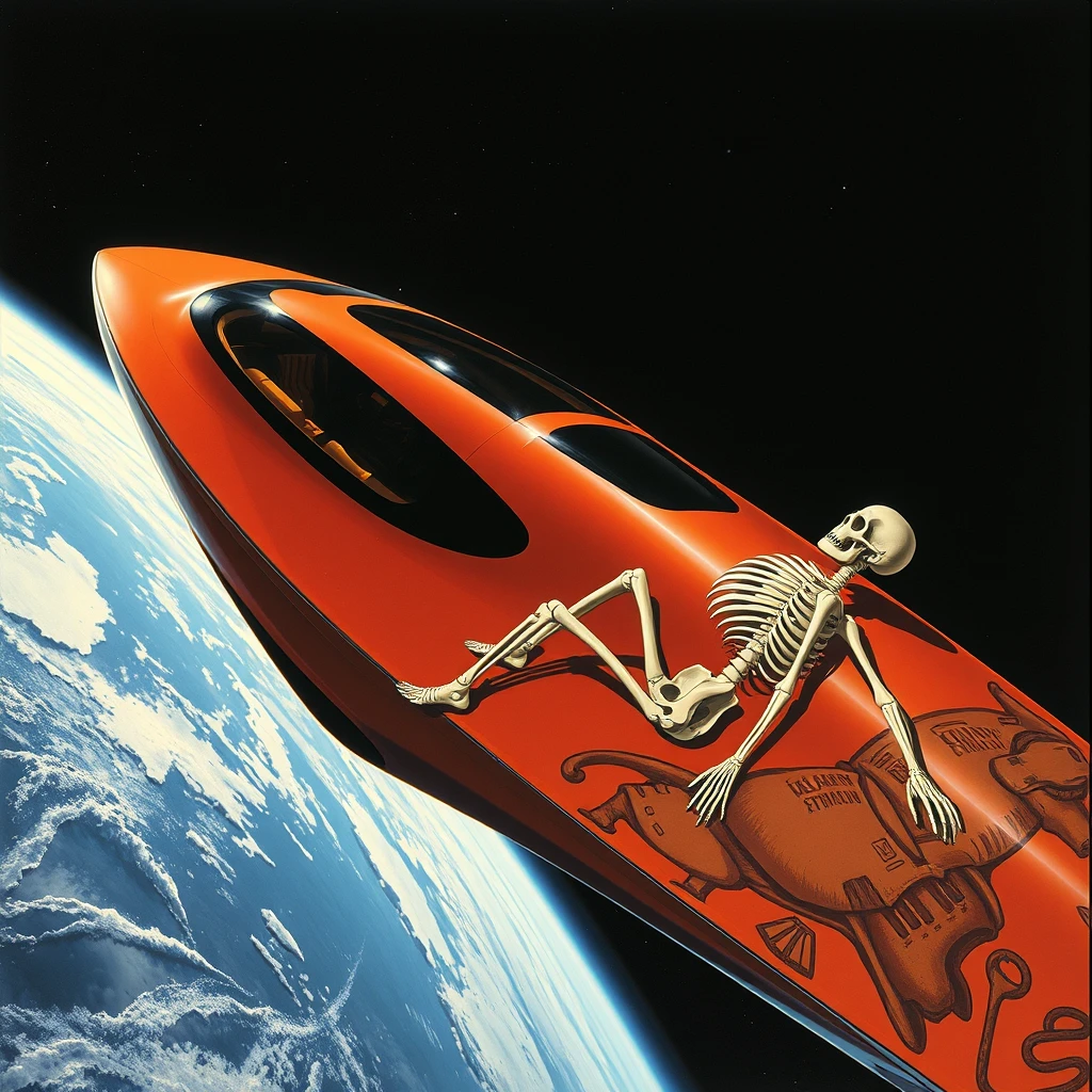 Near wide shot, a space yacht concept, in low Earth orbit, a painting by Syd Mead, sleek, futuristic, a full-length mural depicting a reclining skeleton decorates the side. - Image