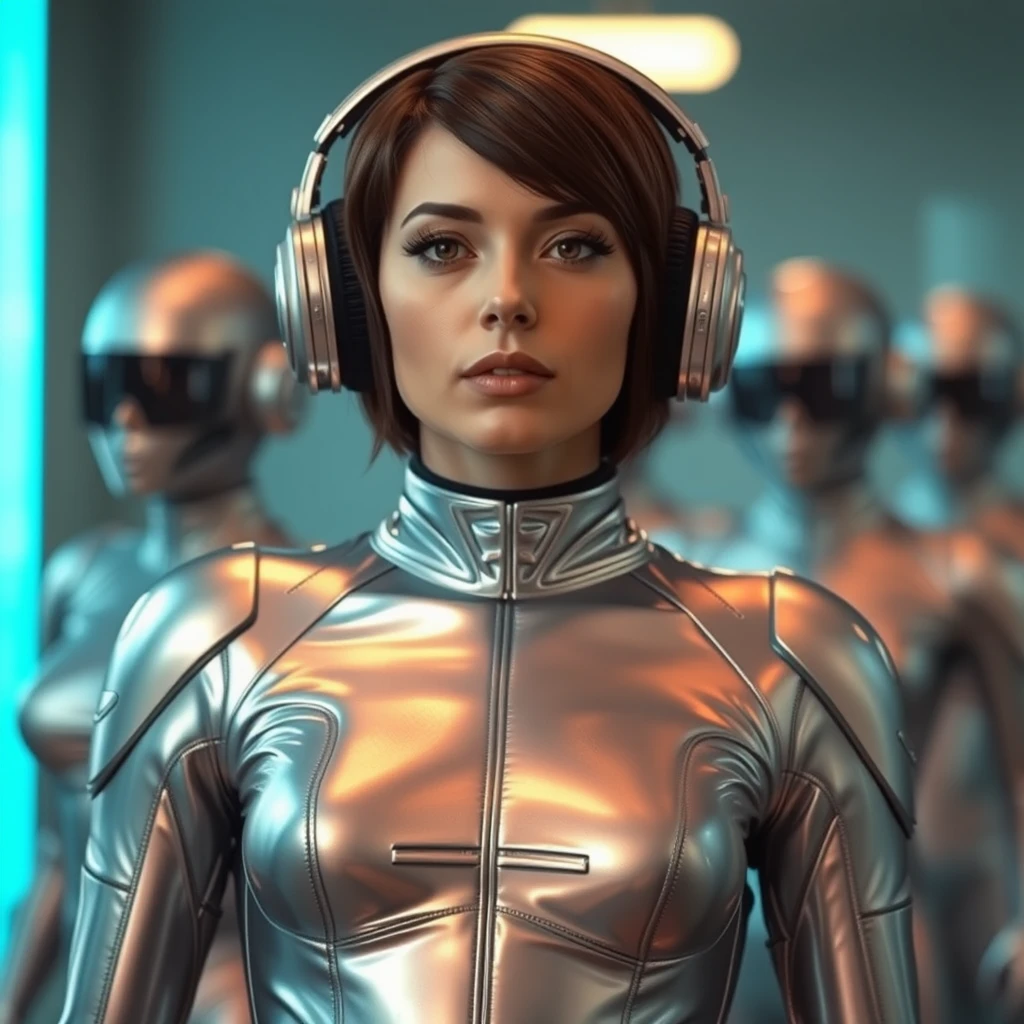 Woman brainwashed to think she is a robot. Silver latex bodysuit. Short hair, silver sci-fi headphones. Standing at attention awaiting orders.