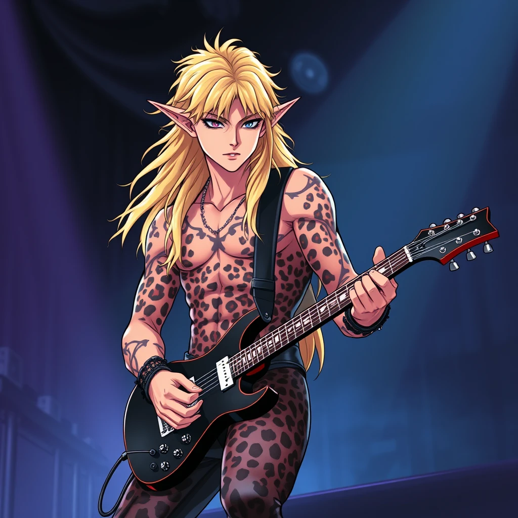 male Elf glam metal rock star playing the guitar on stage, long blond hair, leopard print spandex, handsome face, pointy ears, expressive eyes, powerful, glamour, heavy metal, 1980s anime - Image